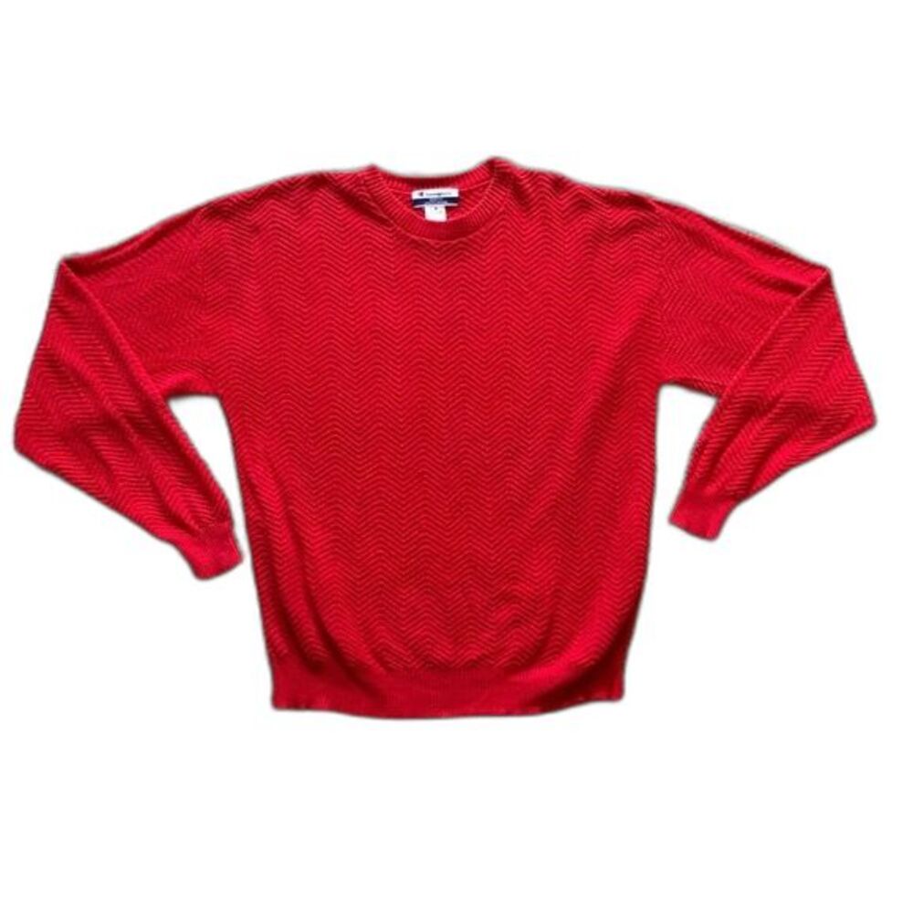 Vintage 90s Champion Men's Red Knit Crewneck Sweater Chevron Size Medium